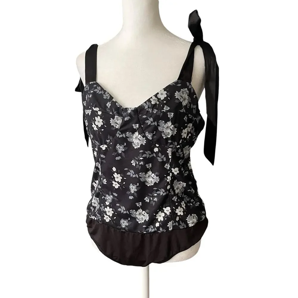 NWT Lulu's Womens XL Bodysuit Tank Top Tie Straps Black Gray Floral Thong Snap - Picture 6 of 13